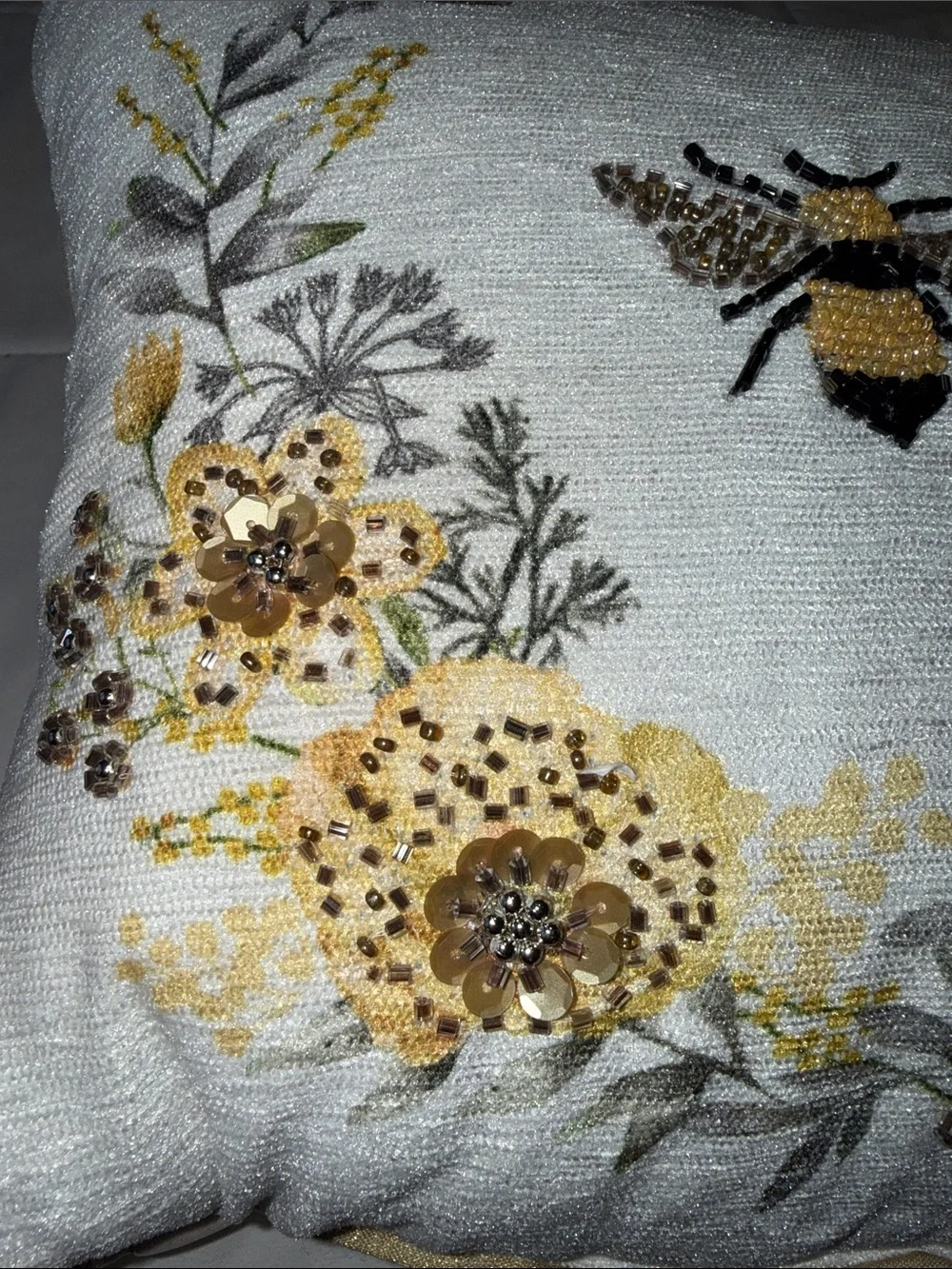 Embroidered beaded Bee Accent Pillow . 11 x 11